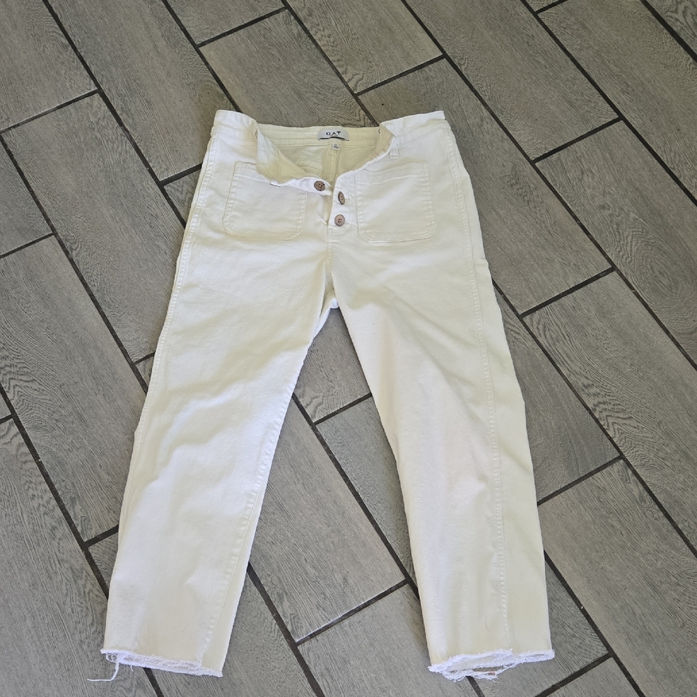 OAT New York Button Fly Straight‎ Leg Jeans Size 31 Off-White Raw Hem w